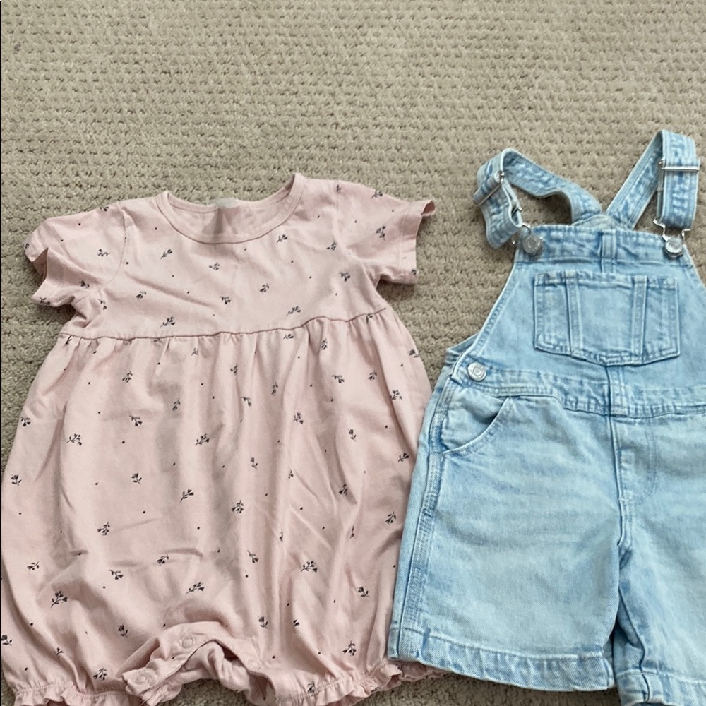 H&M Pink Floral Romper and Light Blue Denim Overalls, 3T